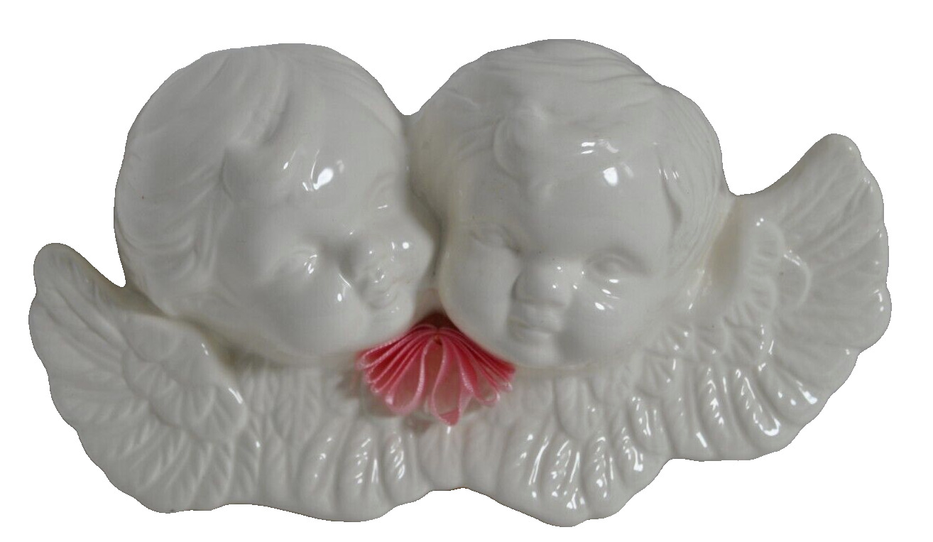Vintage Ceramic Cherub Angels Wall Hanging White with Pink Bow