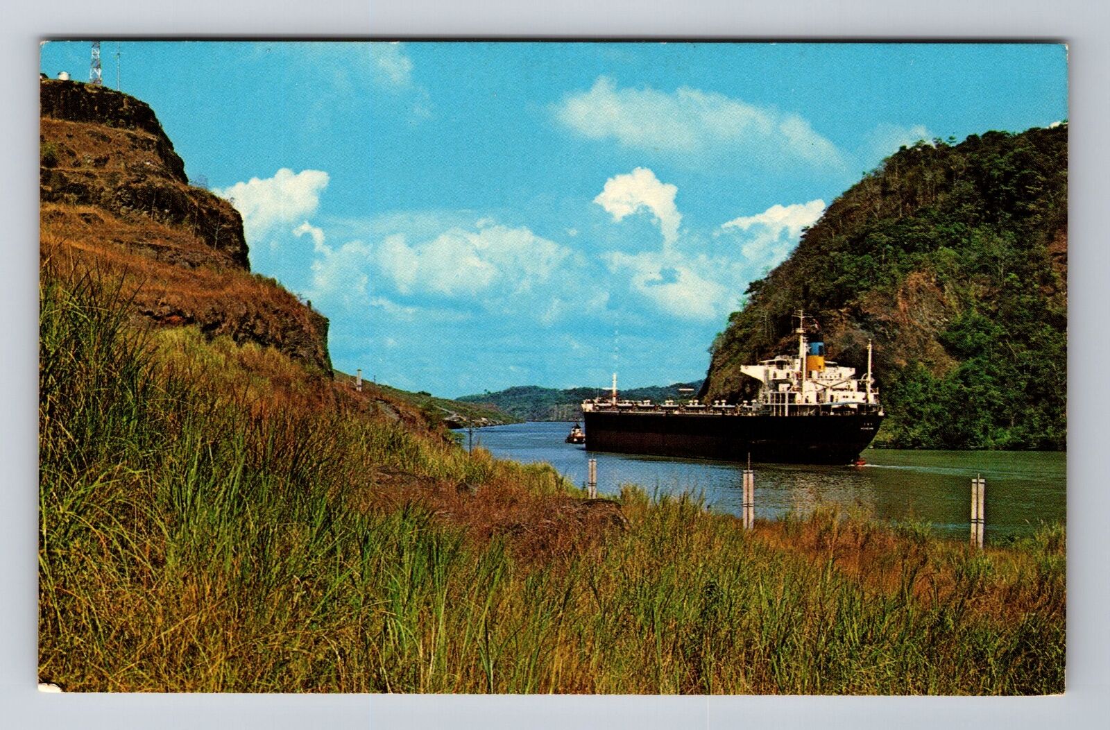 Panama Canal, Ship Sailing Through Gaillard Cut, Antique Vintage Postcard