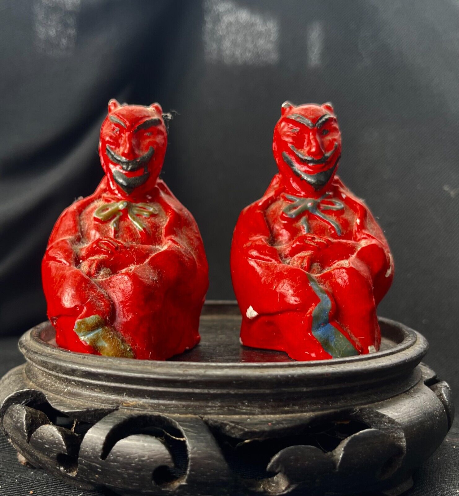 DEVIL SATAN SALT & PEPPER SHAKER Vintage RED  CERAMIC Set of Two Figurines