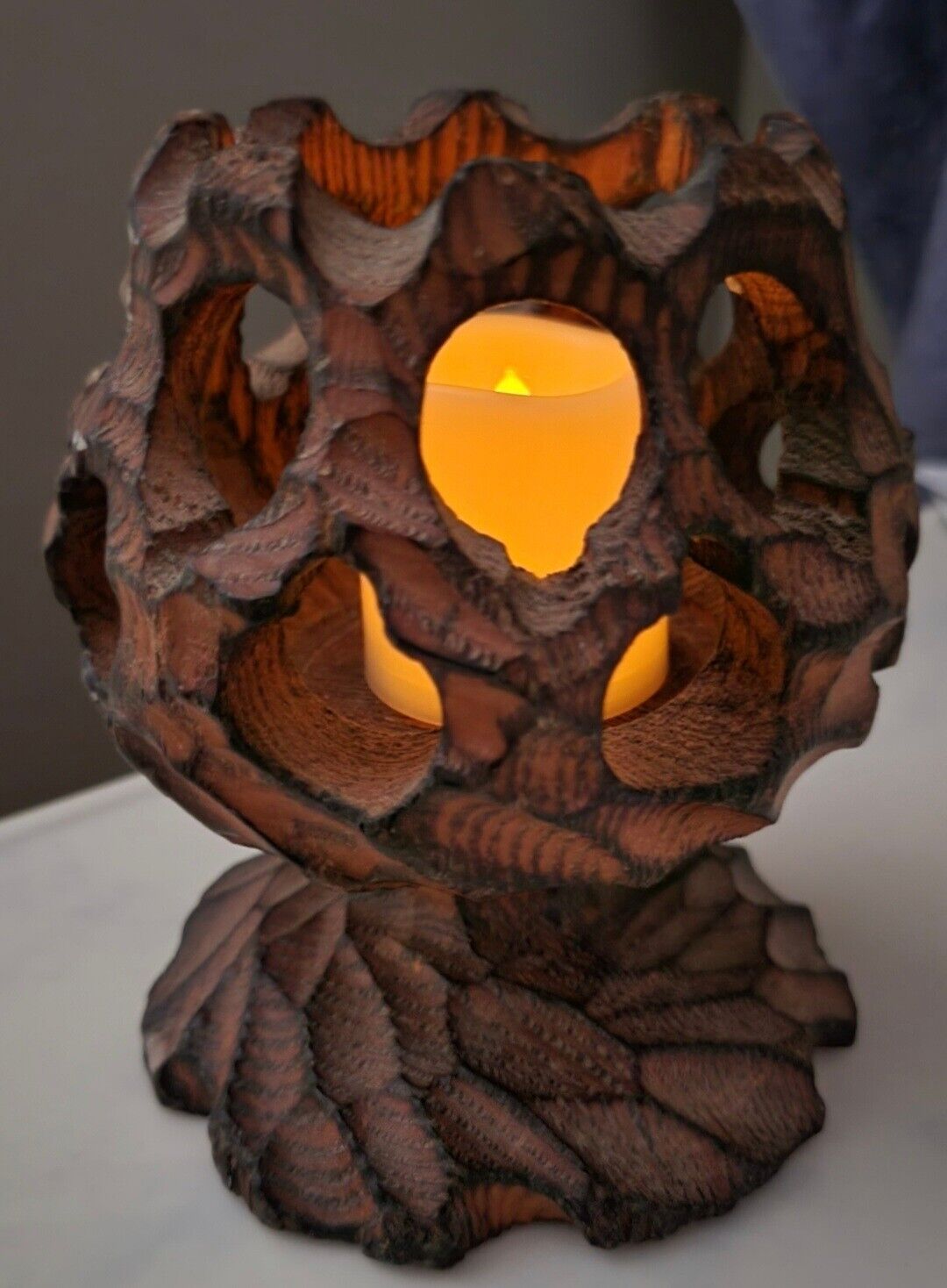 MCM Hand Carved Textured Wooden Votive Candleholder Brutalist Style 