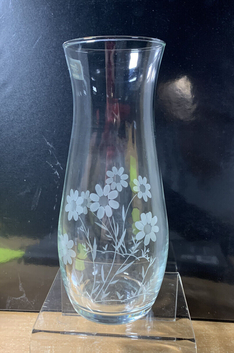 Vtg Pasabahce Clear Glass Vase With Etched Floral Motifs Turkey 7\