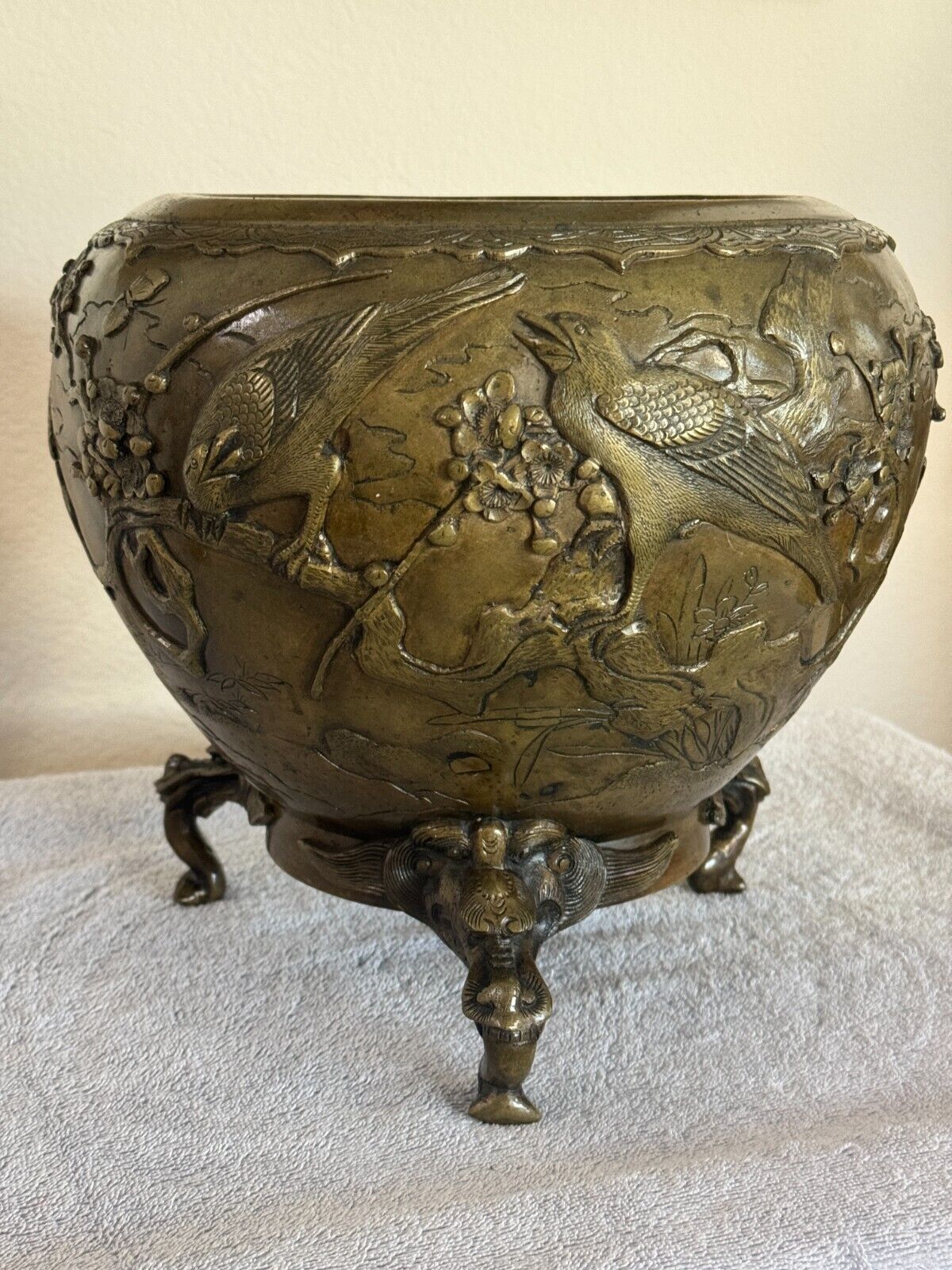 Antique Japanese High Relief Heavy Cast Bronze Vase, 10