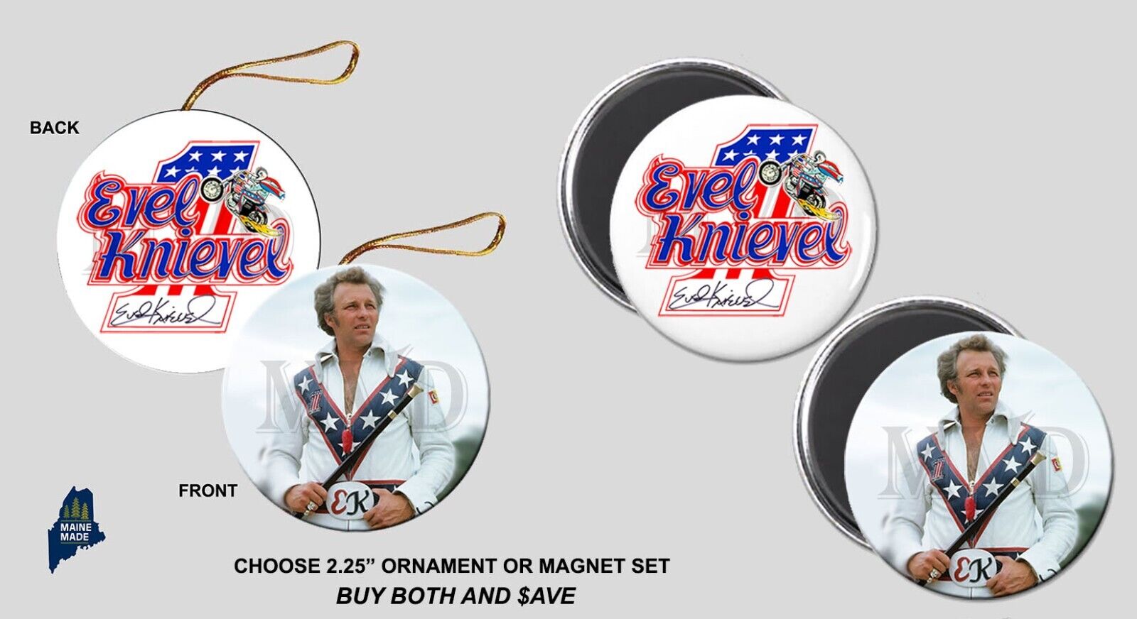 EVEL KNIEVEL Ornament / Magnet Set Collectible Gift Harley Motorcycle Jump Stunt