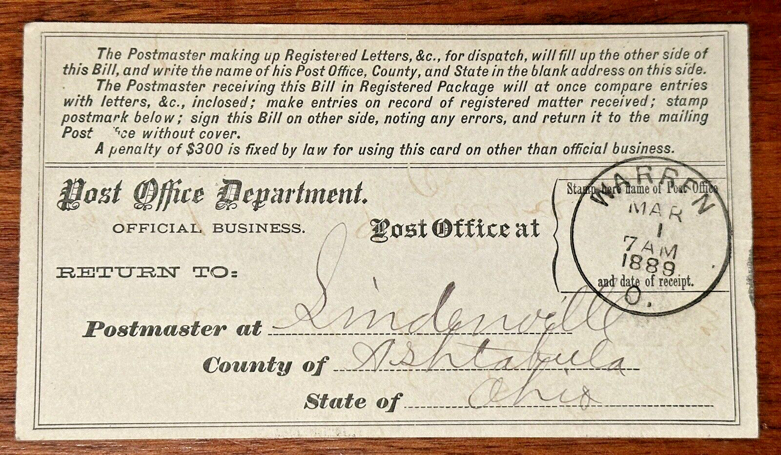 1889 WARREN, OH Post Office Registered Letters Registry Bill, Postmaster Signed