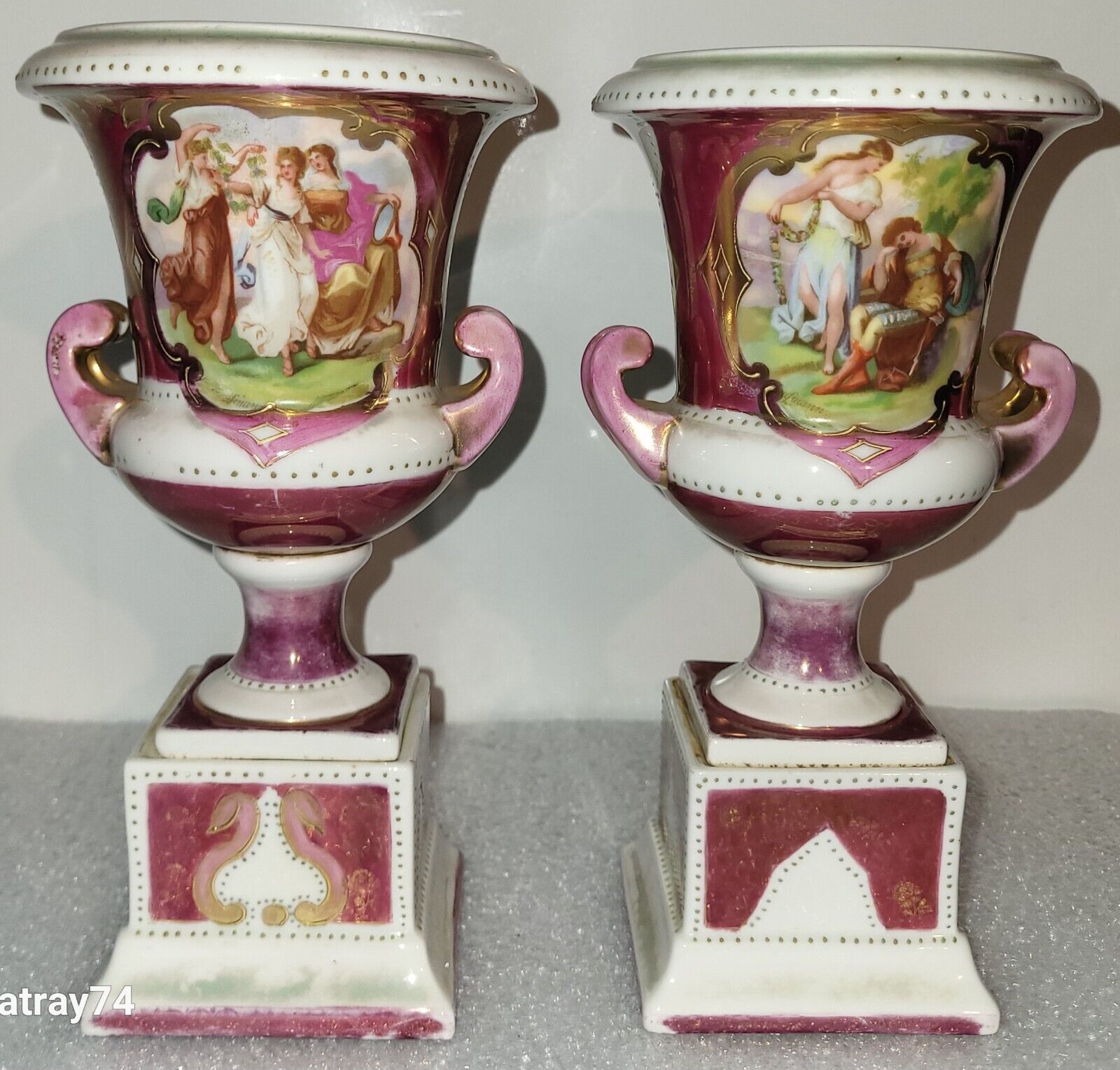 Antique Royal Vienna Style Kaufmann Hand-Painted Miniature Vases, Porcelain Urns