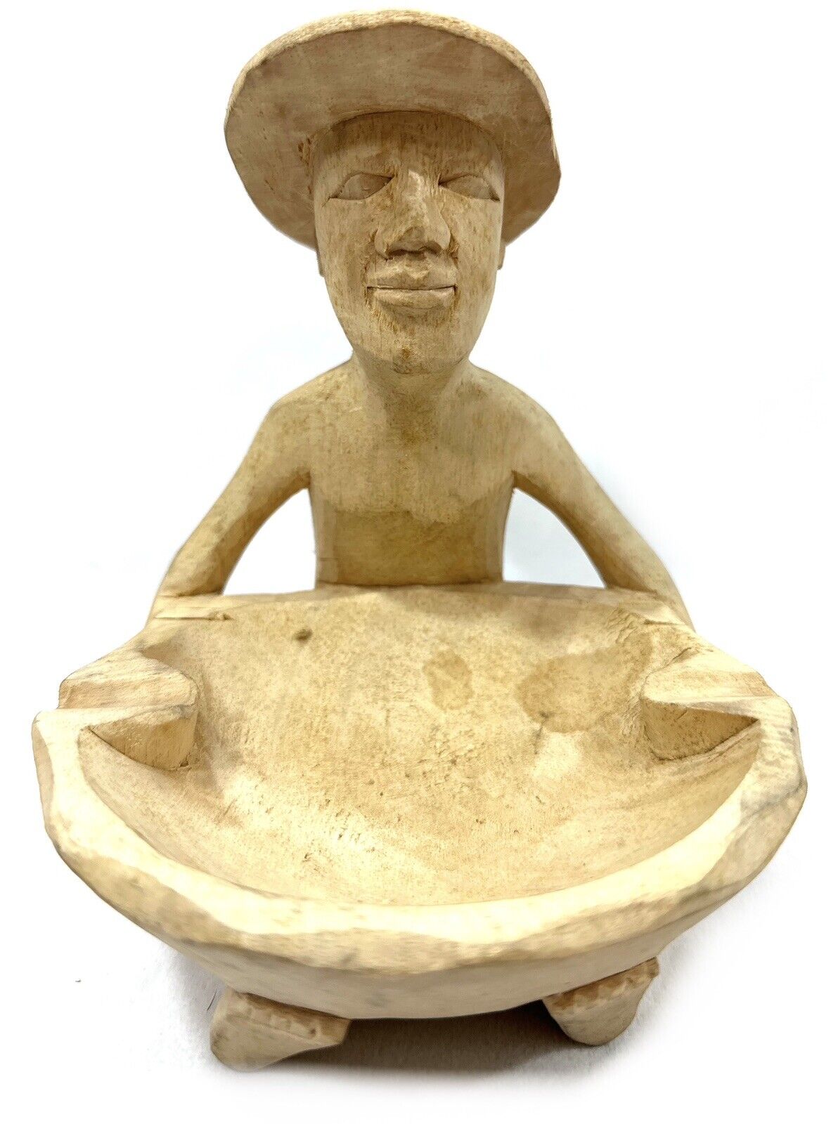 Old Vintage Hand Carved Wooden Ashtray Asian Man Holding Washing Bowl or Ashtray
