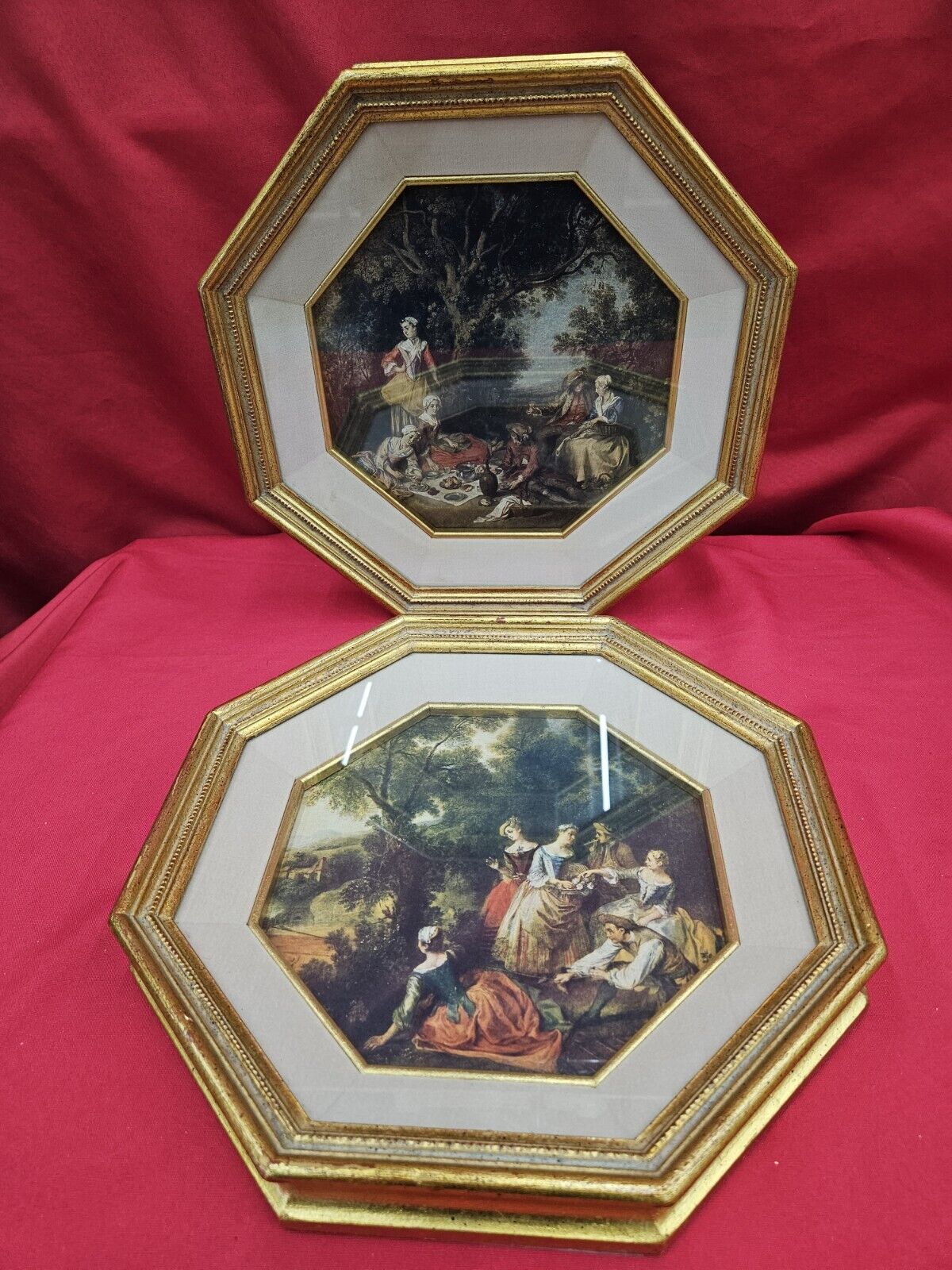 2 Vintage Octagon Framed Prints Art Courting Couple Wood Fragonard ART LORE Set