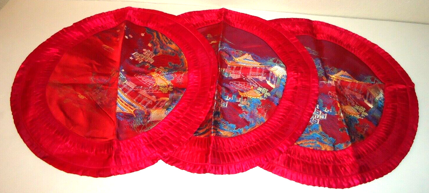 Asian Brocaded Flowers Silk Embroidered Red Round Pillowcases Size-19x19 in