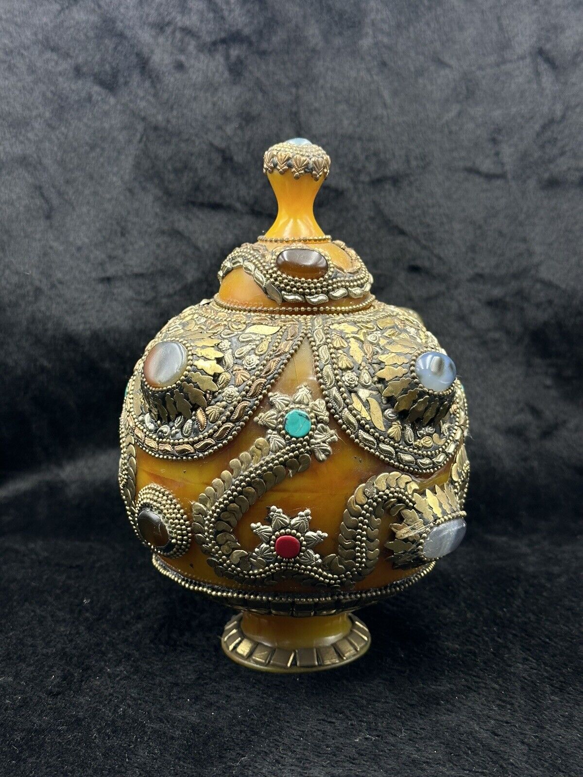 Vintage Tibetan Copal Amber Box Pot With Agate Turquoise And Coral Stone