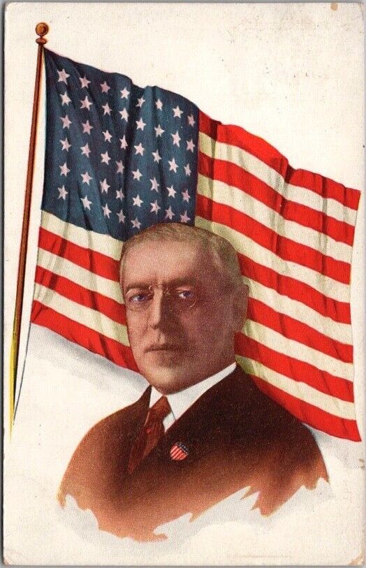c1910s PRESIDENT WOODROW WILSON Patriotic Postcard U.S. Flag / Mitchell Card