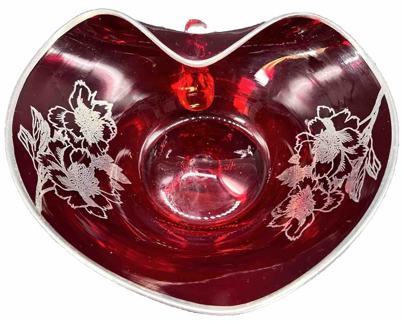 Silver City Glass Co Nappy Dish Heart Shaped Ruby Red Sterling Overlay Vintage