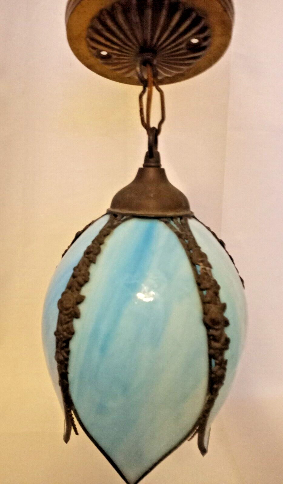 Vintage Slag Glass Tulip Pendant Swag Light Fixture Turquoise