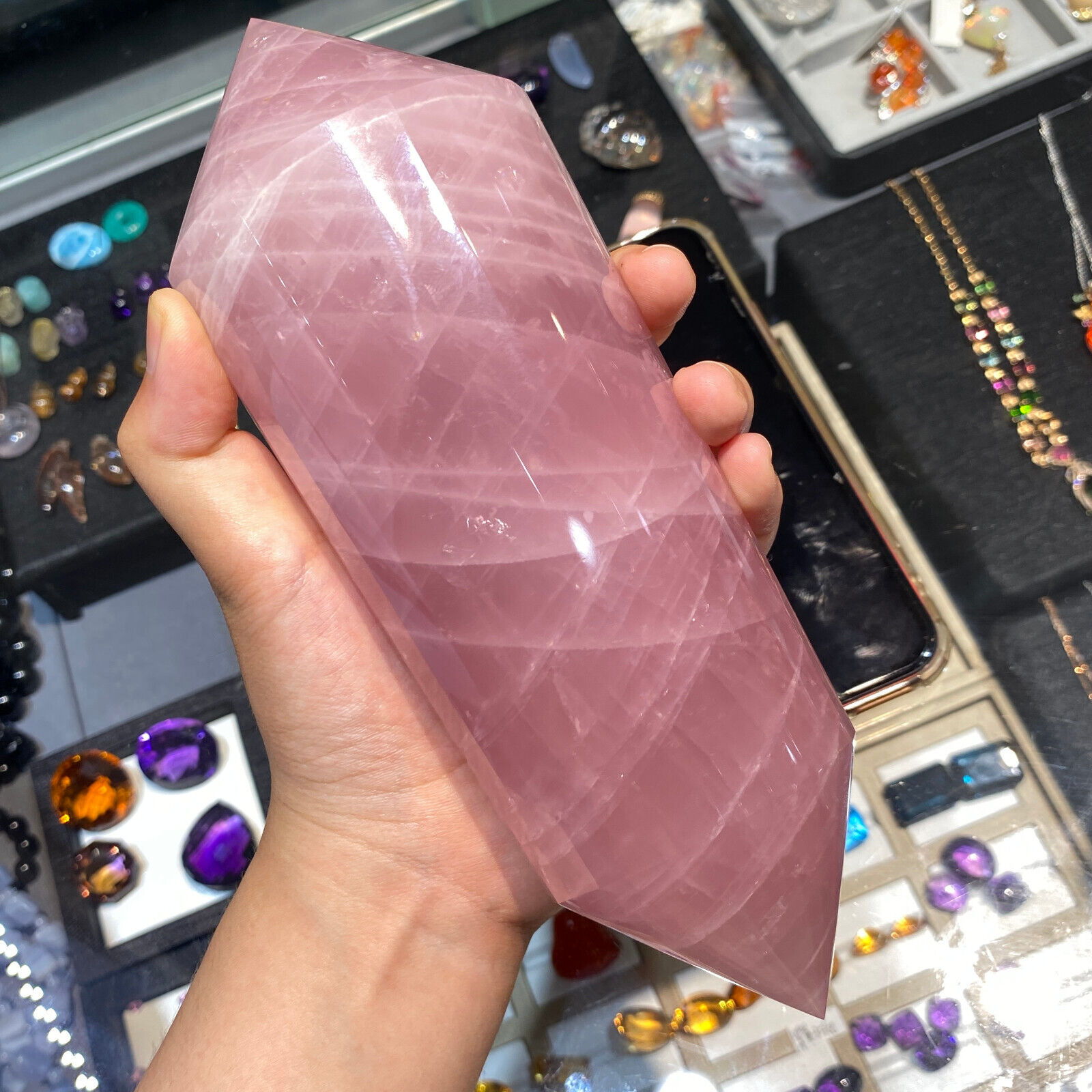 710g Natural Pink Rose Quartz Energy Double Point Wand Crystal Reiki Gift