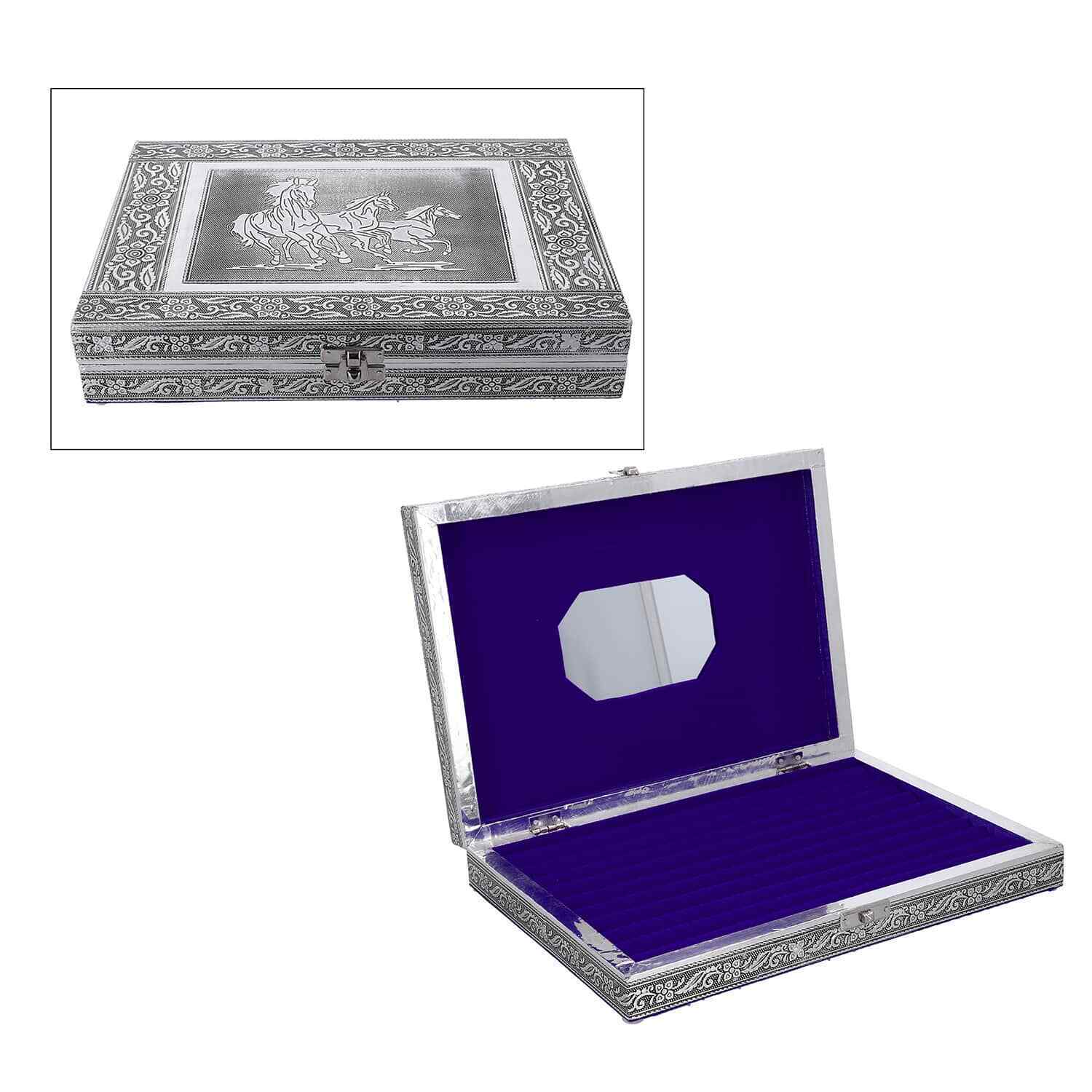 Handcrafted Aluminum Horse Pattern Jewelry Box with Velvet Interior Mirror