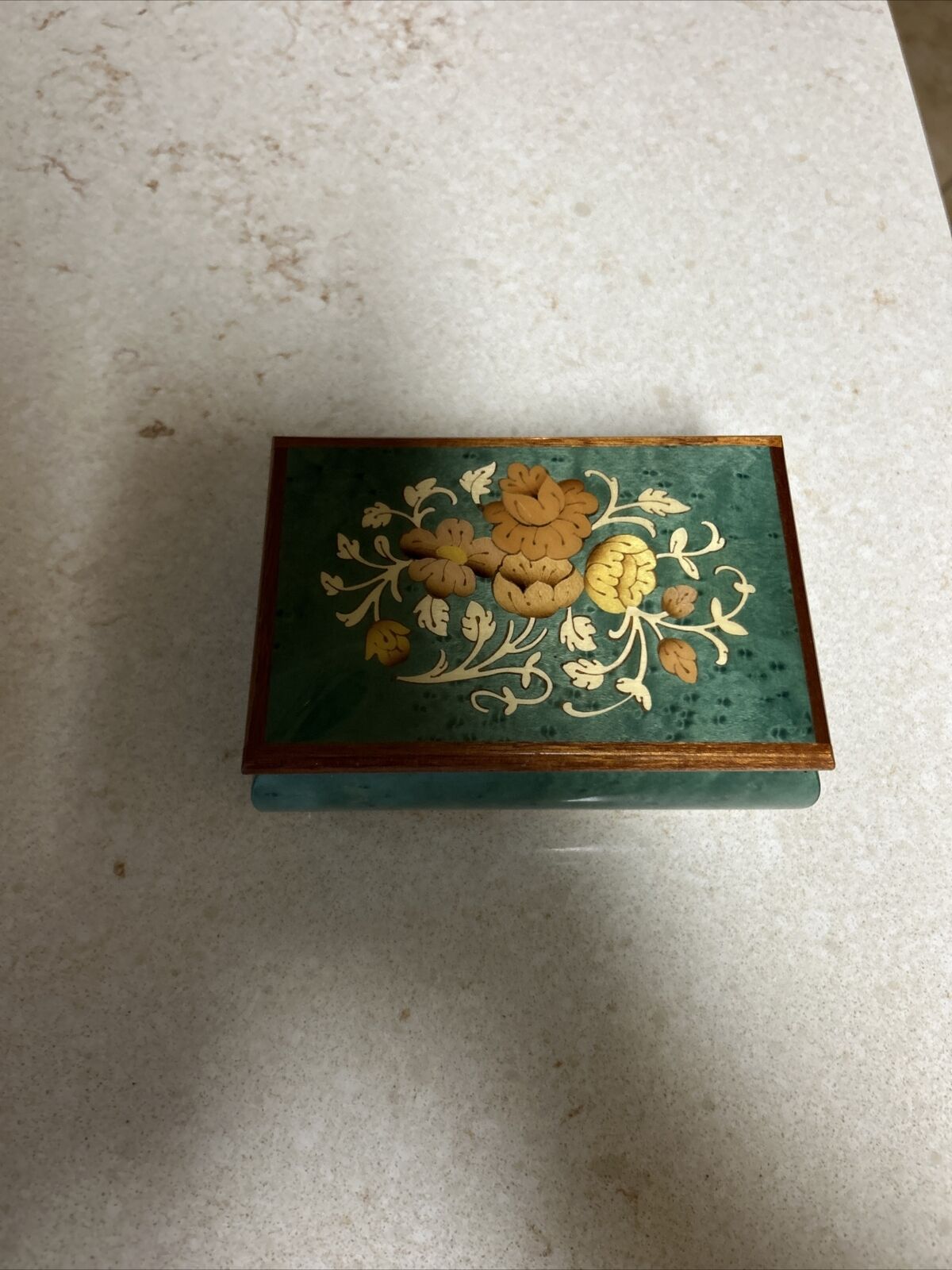 Vtg Italian Wood Inlay Music Jewelry Box Footed Teal &Floral Italy Edelweiss