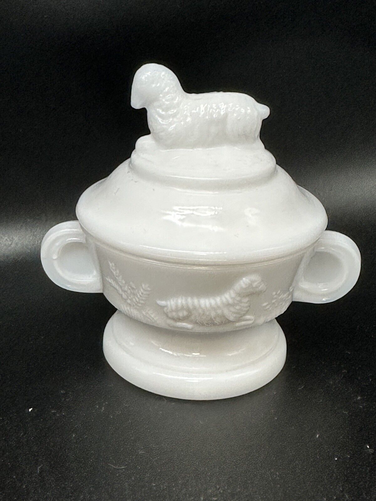 Imperial Milk Glass Lamb Child’s 3” Covered Sugar Bowl
