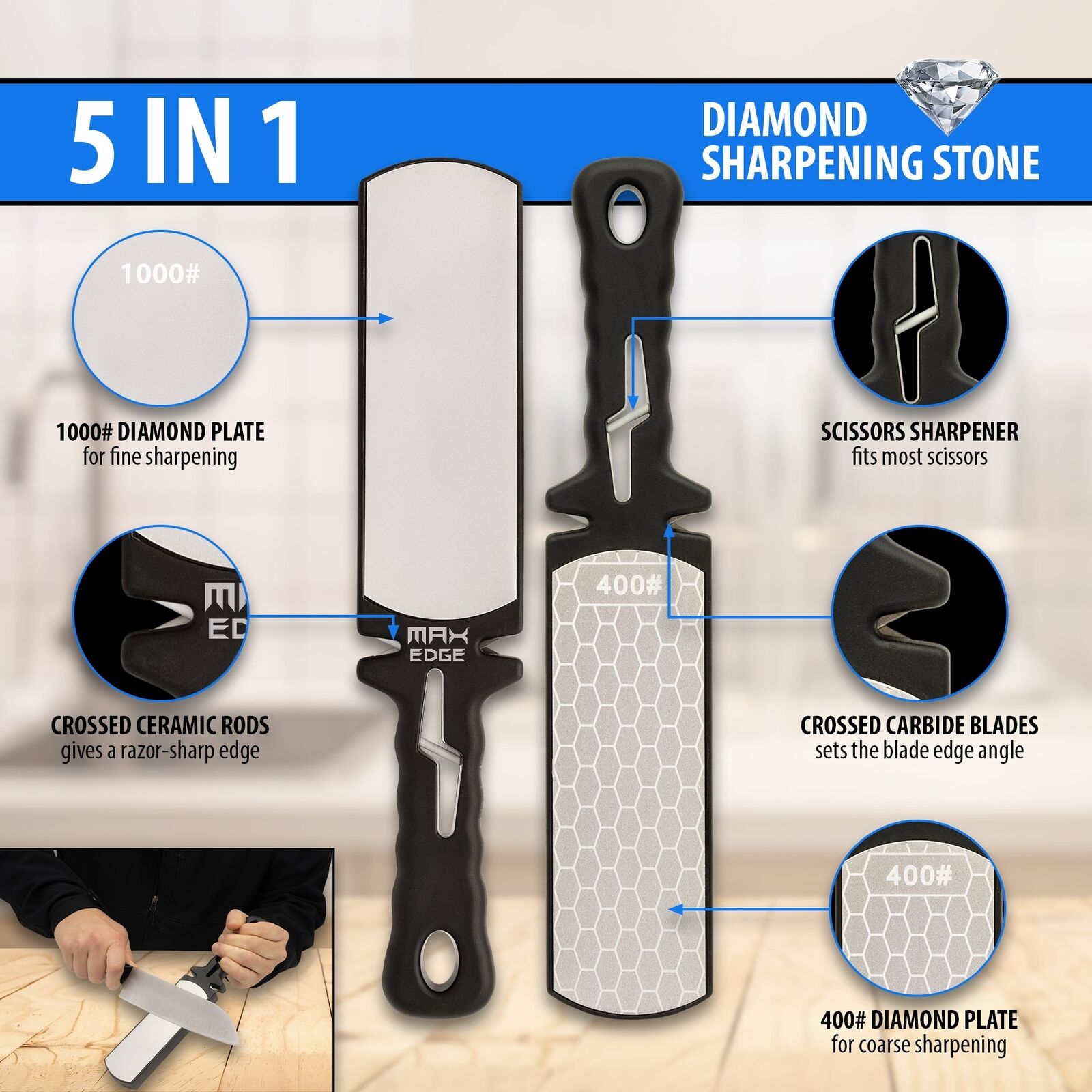 Max Edge 5 In 1 400 1000 Grit Diamond Sharpener System - Knives Scissors Ceramic