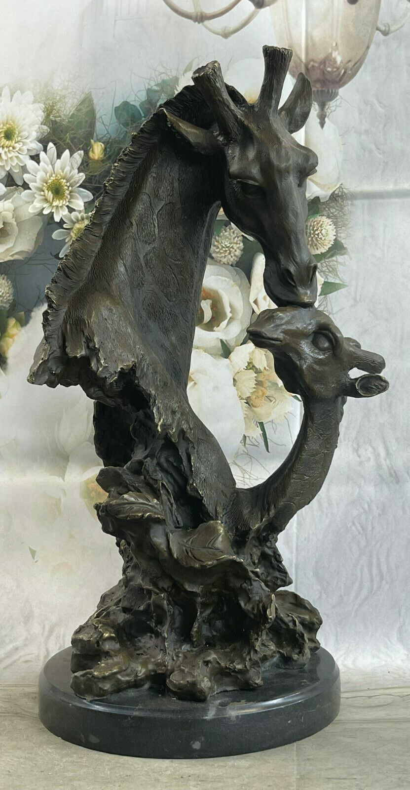 A Mother`s Love Giraffe and Calf Handcrafted Real Bronze Sculpture Statue Art NR