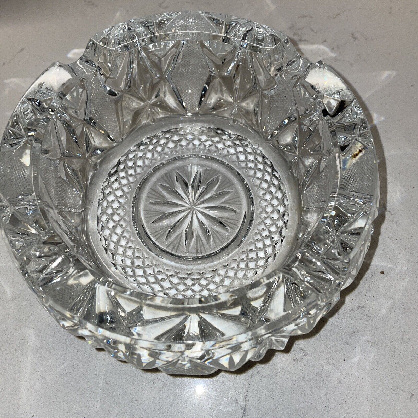 Vintage Cigarette Ashtray Heavy Crystal Clear Cut Etched Glass Heavy Over 2 Lb