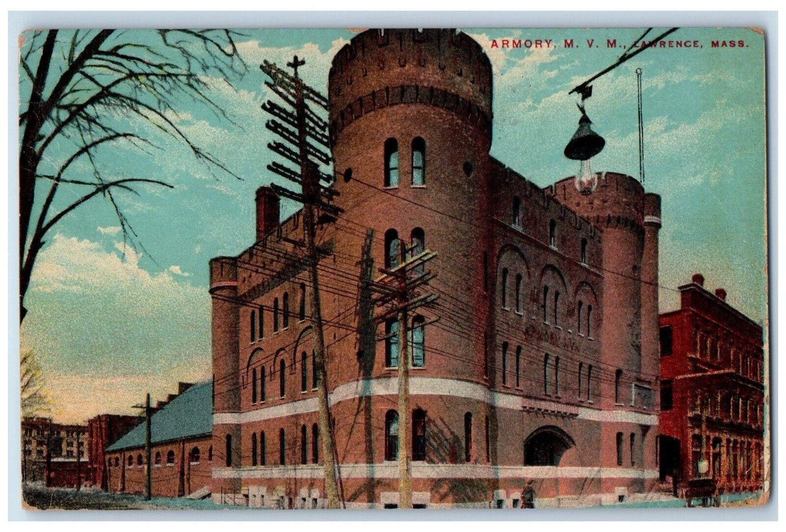 1910 Armory M.V.M Building Lawrence Massachusetts MA Antique Postcard