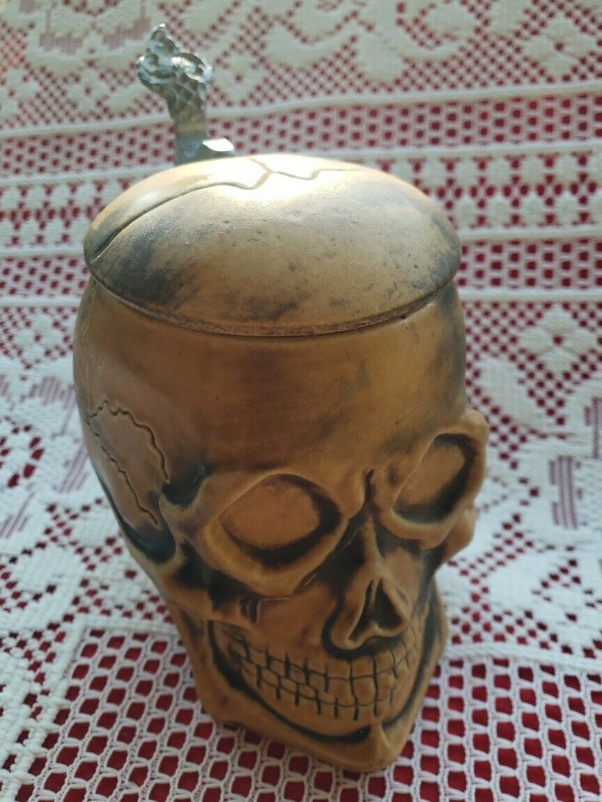 Vintage German Ceramic and Pewter Skull Beer Stein