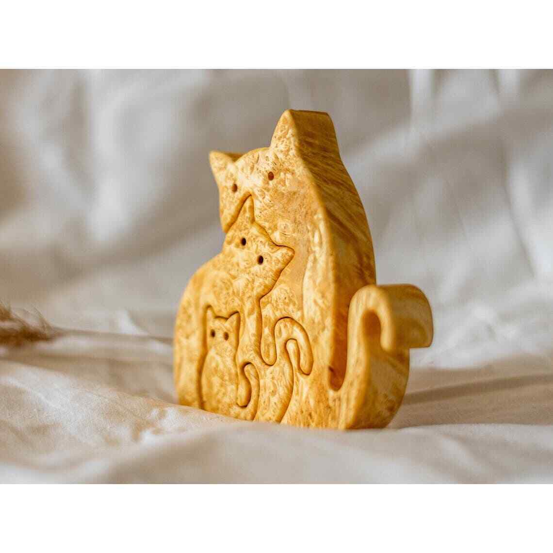Handmade Carved Wooden Cat Family Puzzle Maple Burl Wood Unique Home Decor