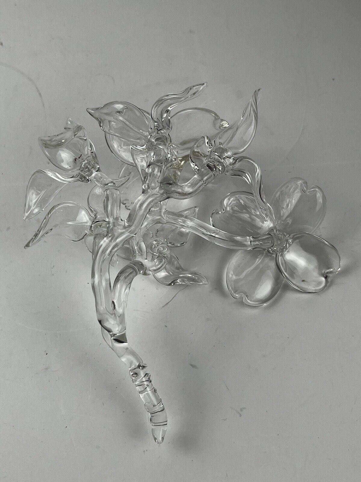 Handblown Clear Art Glass Dogwood Branch with Flowers