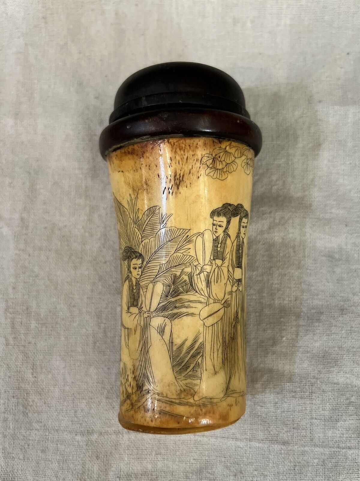 Antique Chinese Bone Engraved Cricket Cage With Lid- Featuring Poem