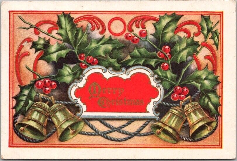 Vintage Embossed MERRY CHRISTMAS Postcard Gold Bels / Holly / 1910 Cancel