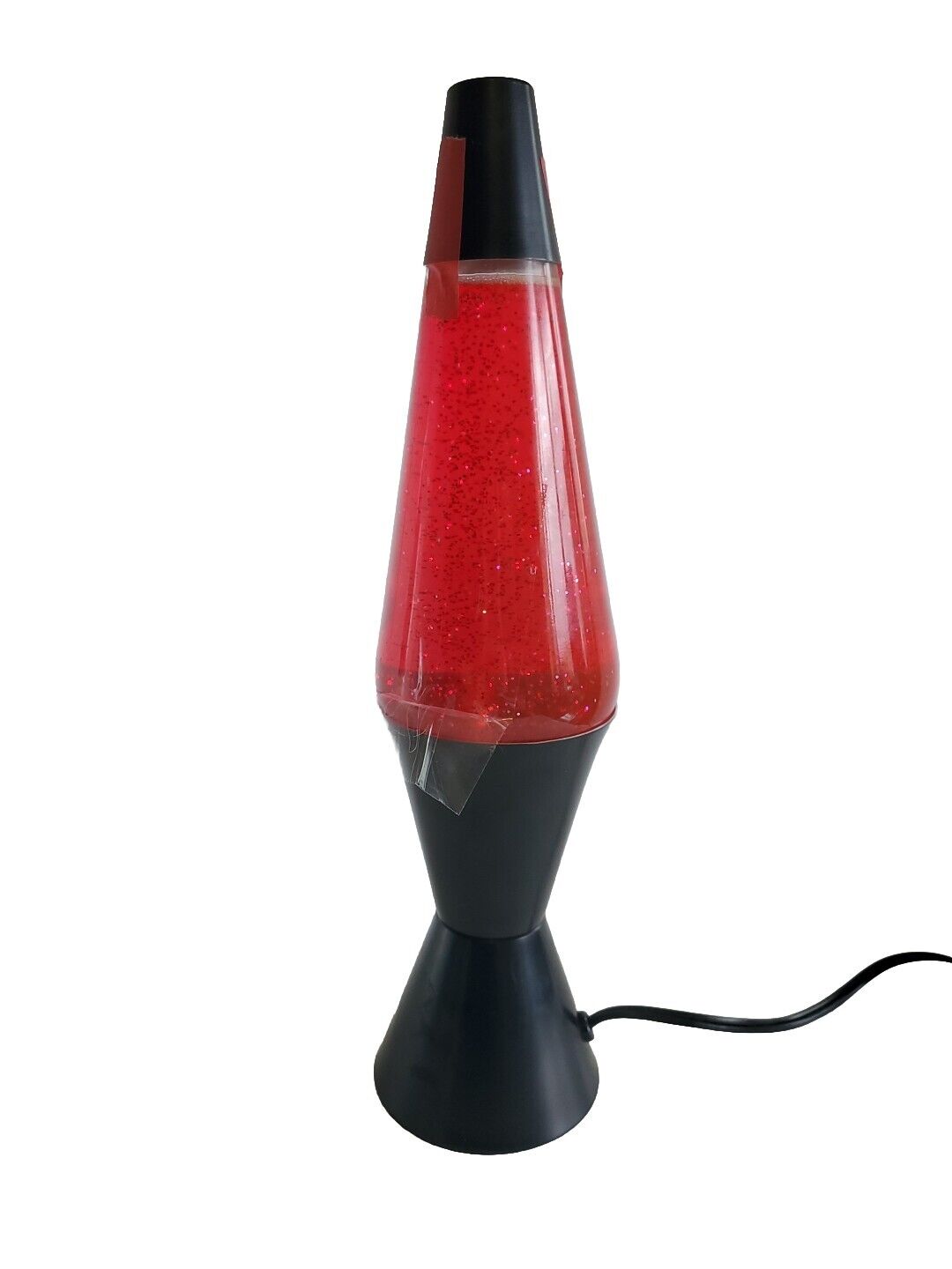 Vintage 2003 Red Glitter 16.5” Lava Lamp w/ Silver Confetti Flakes, Black Stand
