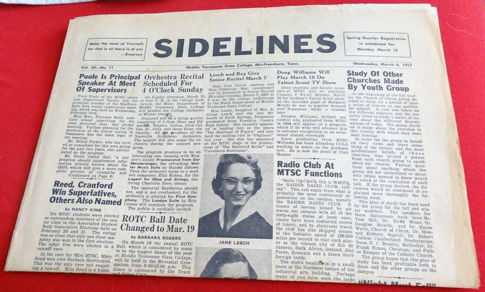 March 6, 1957 Middle Tennessee State College Newspaper \'Sidelines\' Murfreesboro