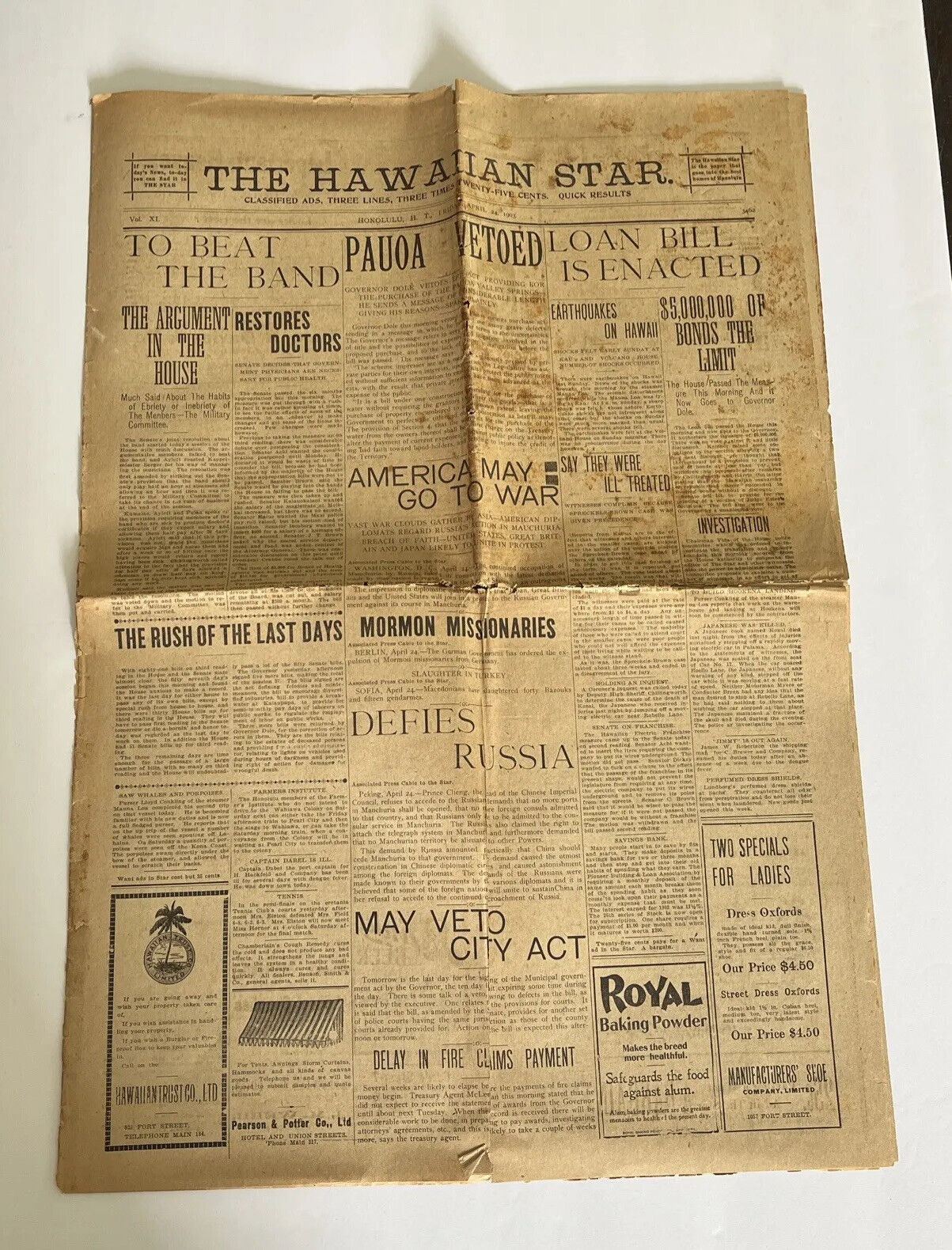 Hawaiian Star Newspaper April 24 1903 RARE 8 Page Daily Edition w Vintage Ads
