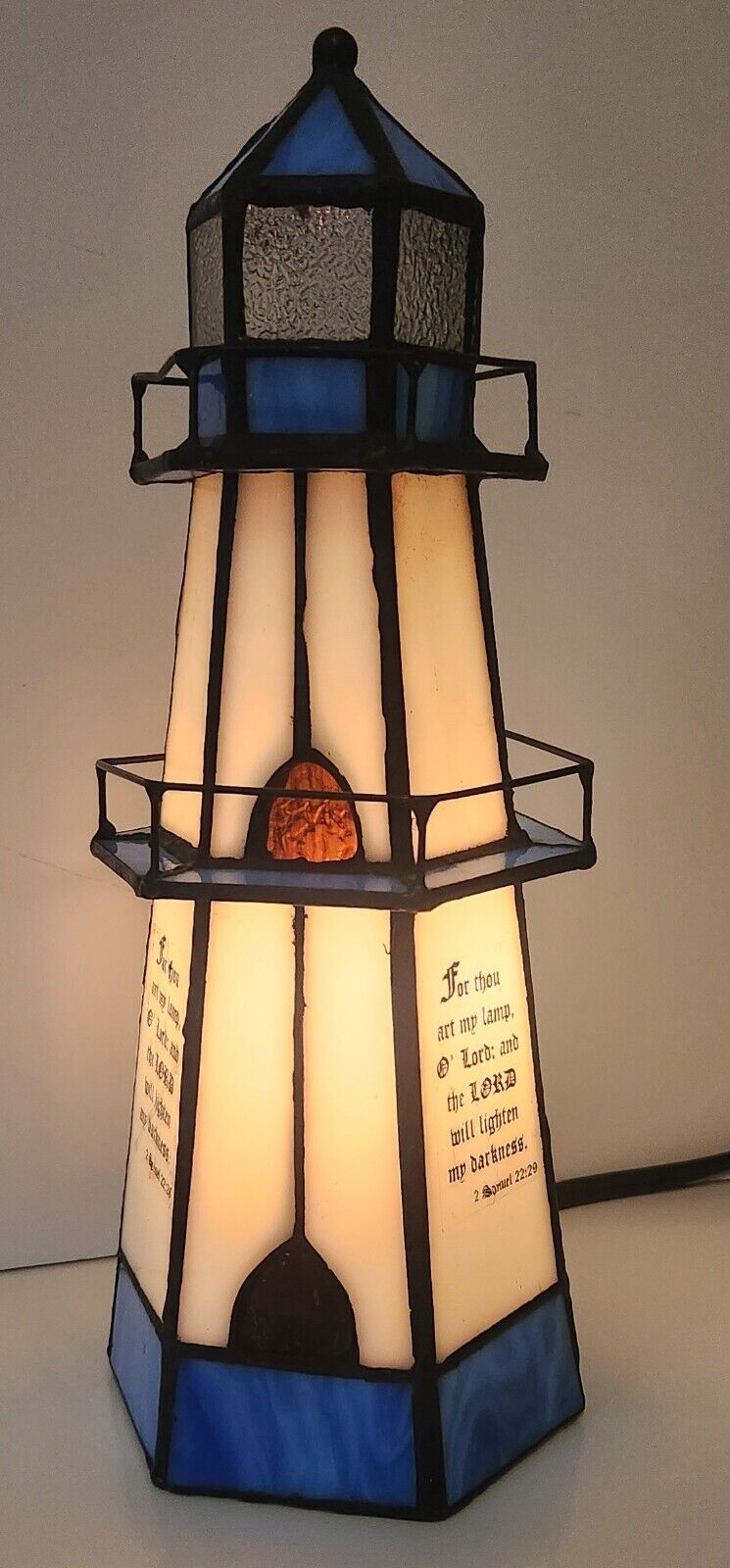Vintage Stained Glass Lighthouse Lamp Night Light Blue & White Religious