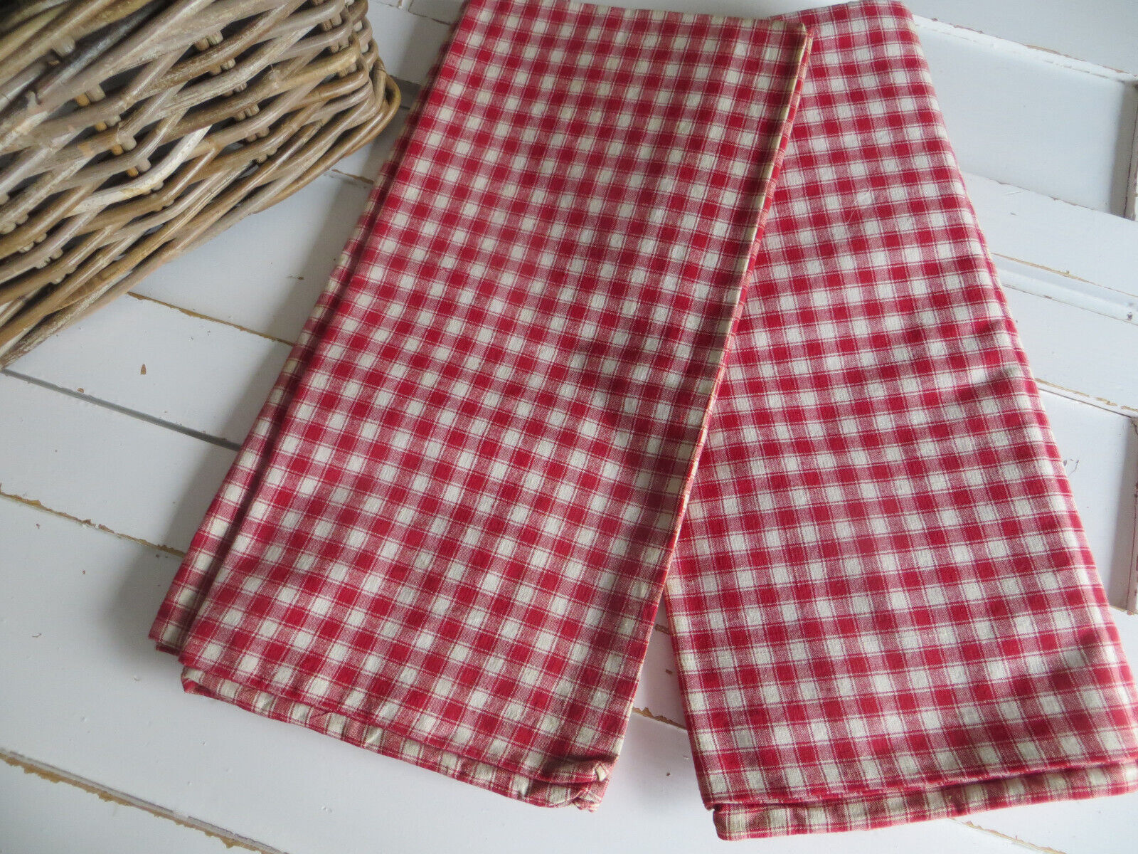 Antique Set of two checked red and whi Pillowcases Pillow Cushions  Linen German
