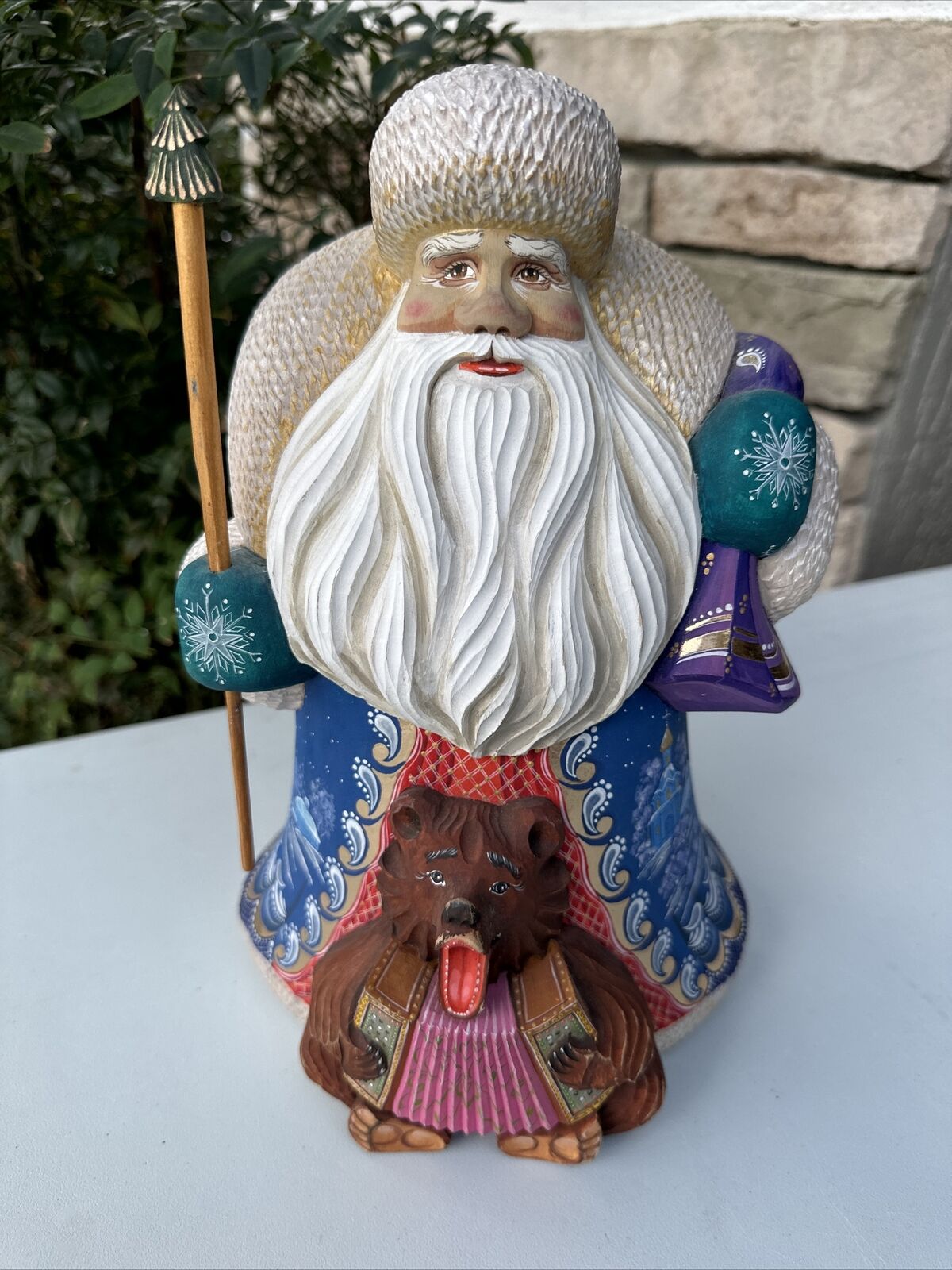Russian SANTA & Bear Wooden Hand Carved Hand Painted Village SIGNED by artist