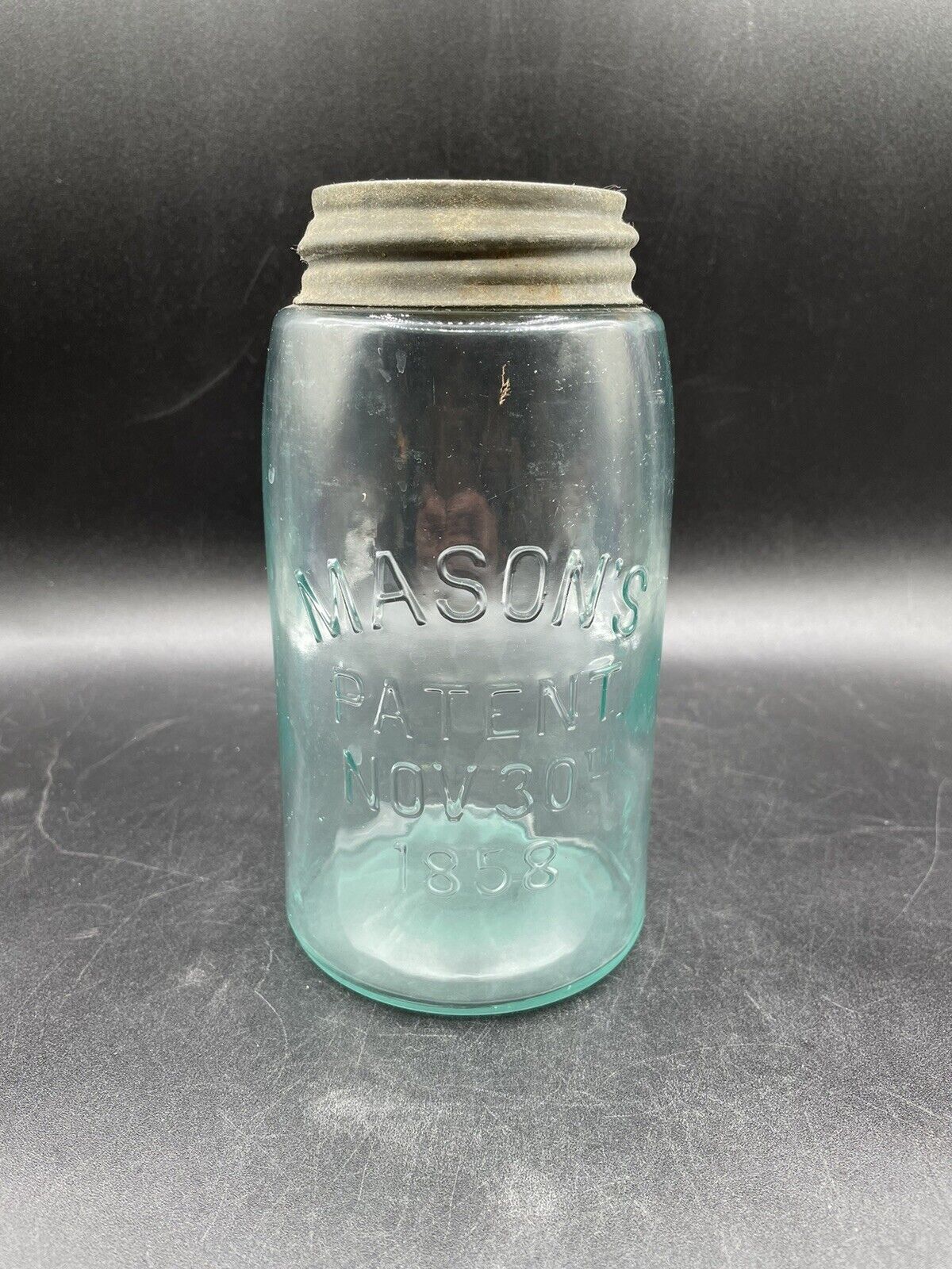 Antique Jar Blue Mason's Nov. 30th 1858 - Hazel Atlas