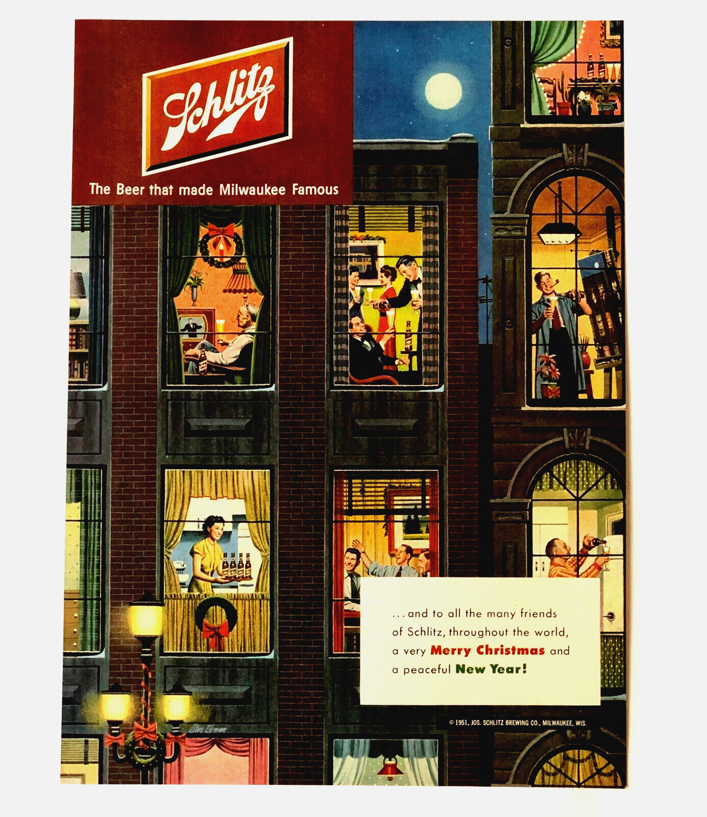 1951 Schlitz Beer Christmas Advertisement Apartment Windows Holiday Vtg Print AD