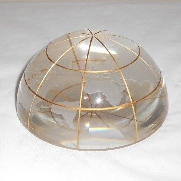 World Globe Paperweight Etched Art Glass Half Round w/ Gold Cross Lines  Turkey