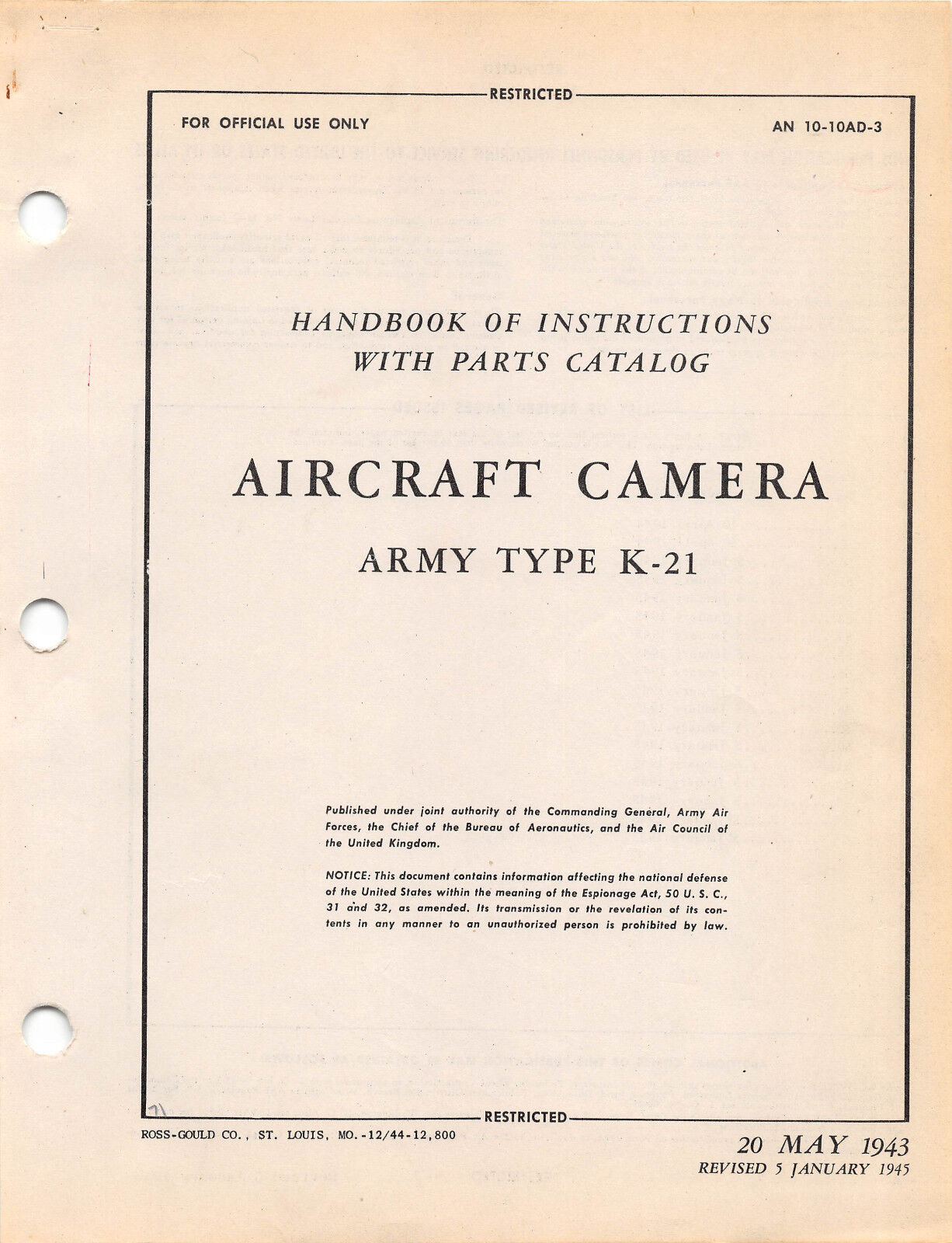 1945 K-21 Aircraft Camera Instructions W/Parts Catalog Flight Manual -CD