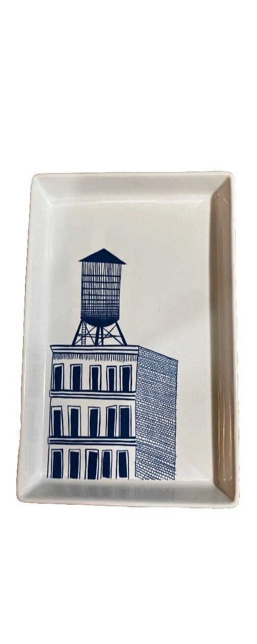 WEST ELM Sam Kalda WHITE Ceramic Tray Dish BLUE Water Tower COLLECTORS EDITIONS