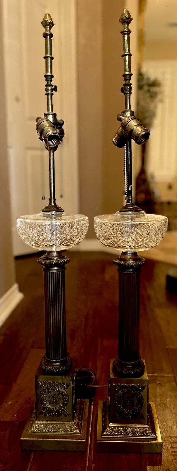 Antique Pair French Cut Glass Font Solid Brass Corinthian Column Table Lamps