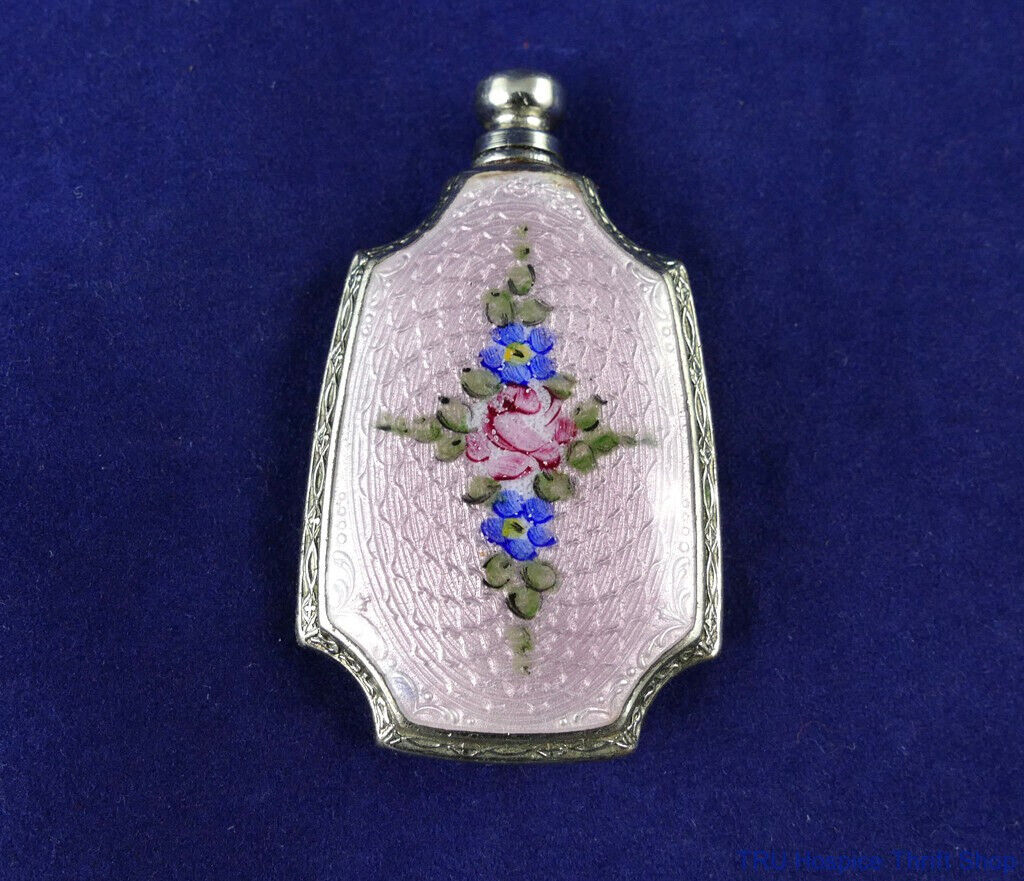 Vintage Miniature Portable Metal and Enamel Guilloche Perfume Bottle Vial