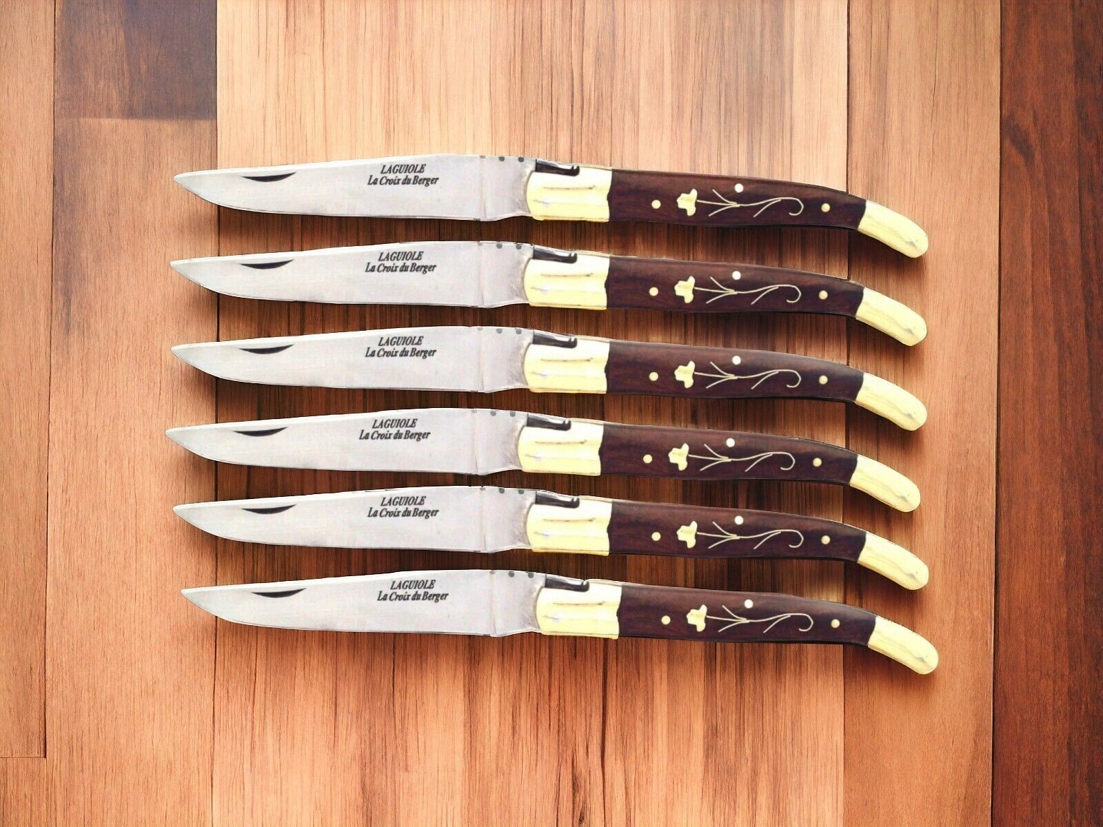 FRENCH LAGUIOLE STAINLESS STEEL 12C27 FOLDING HUNTING KNIFE 6 PC SET WOOD HANDLE