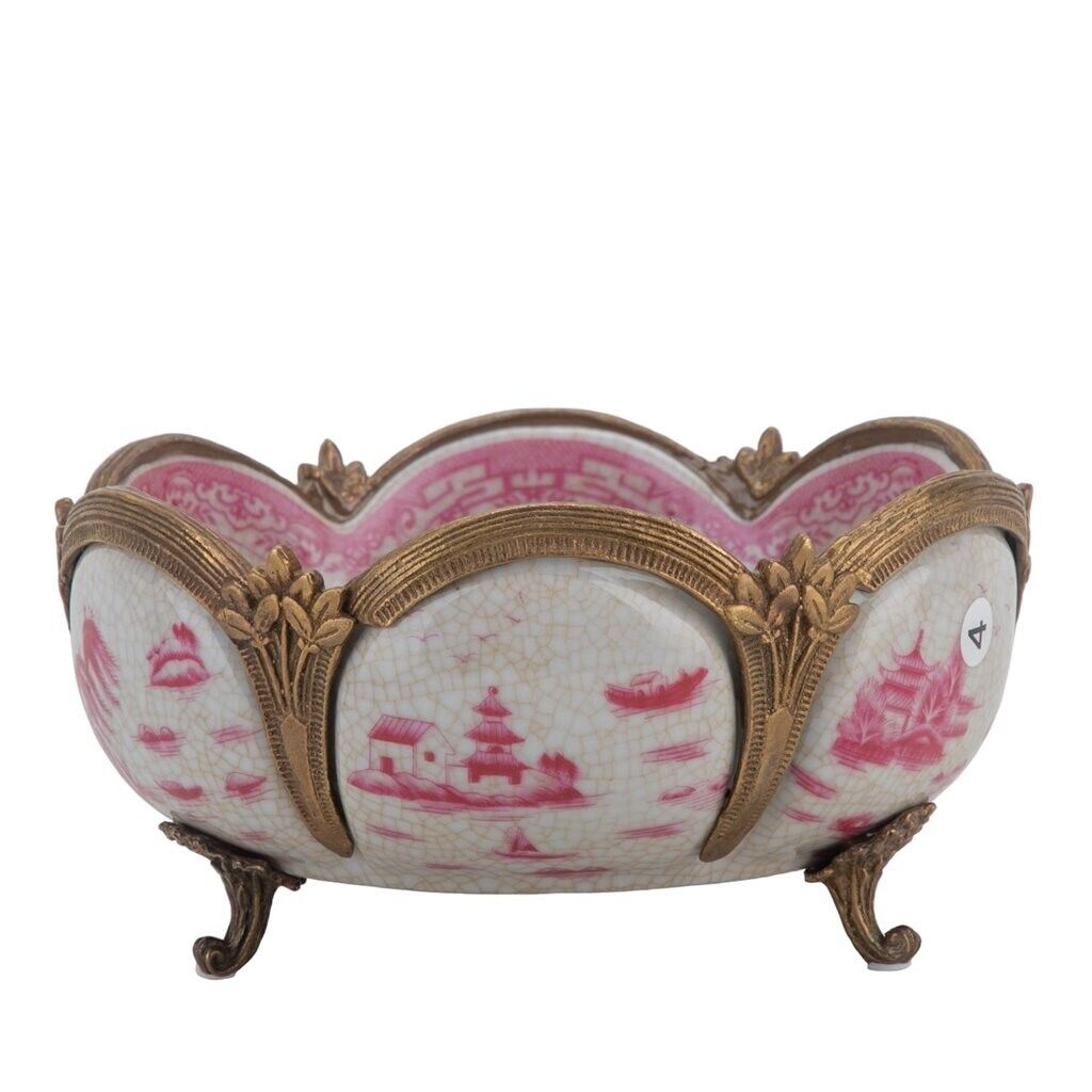 PINK WILLOW oval PORCELAIN PLANTER WITH BRONZE ORMOLU NEW