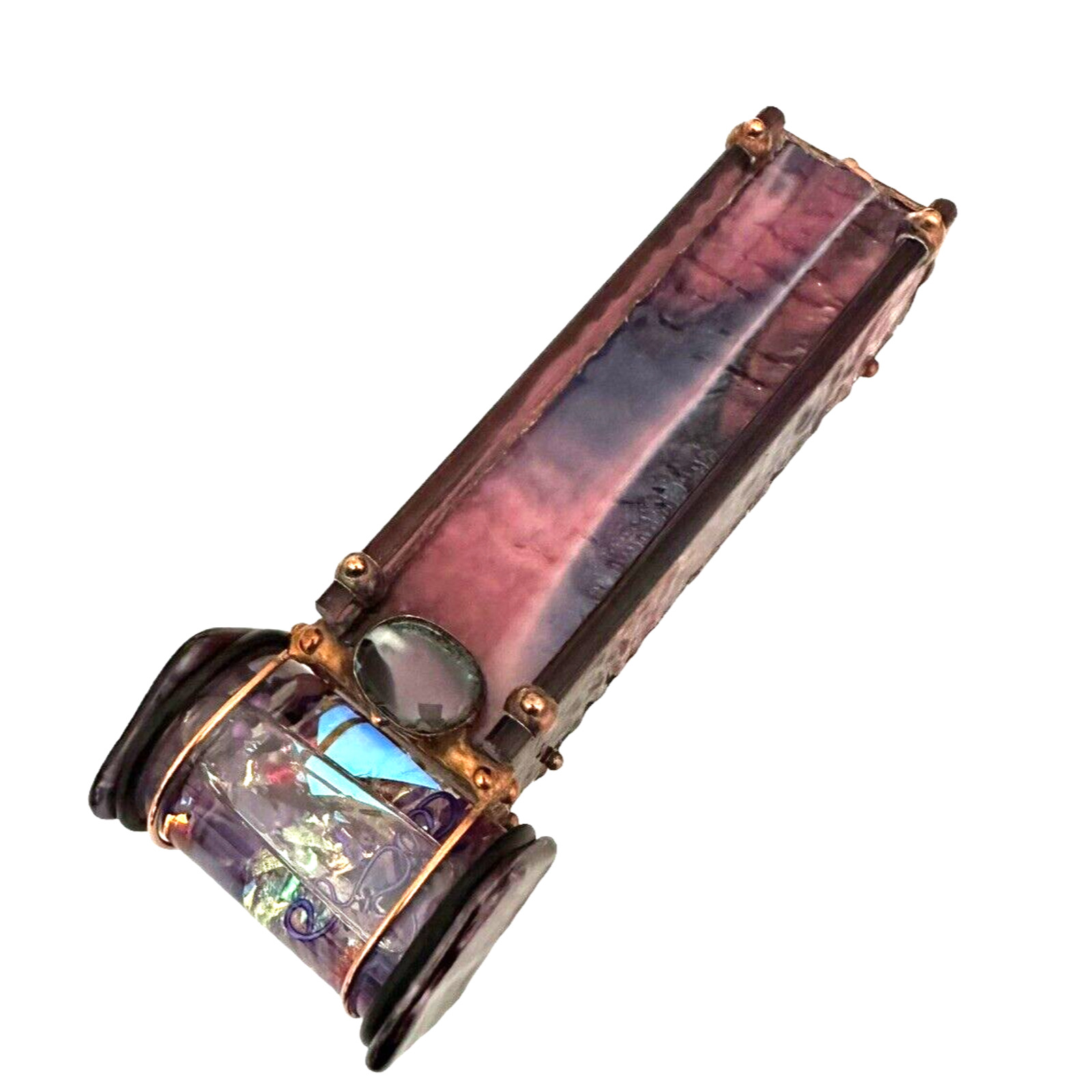 NEW Sue Rioux Gemstone Kaleidoscope Amethyst Stained Glass & Copper Signed