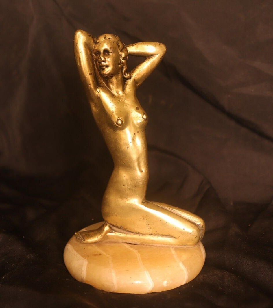 Vintage Brass Statue Of Naked Female Sitting On Marble Stone, Nude Woman Statue
