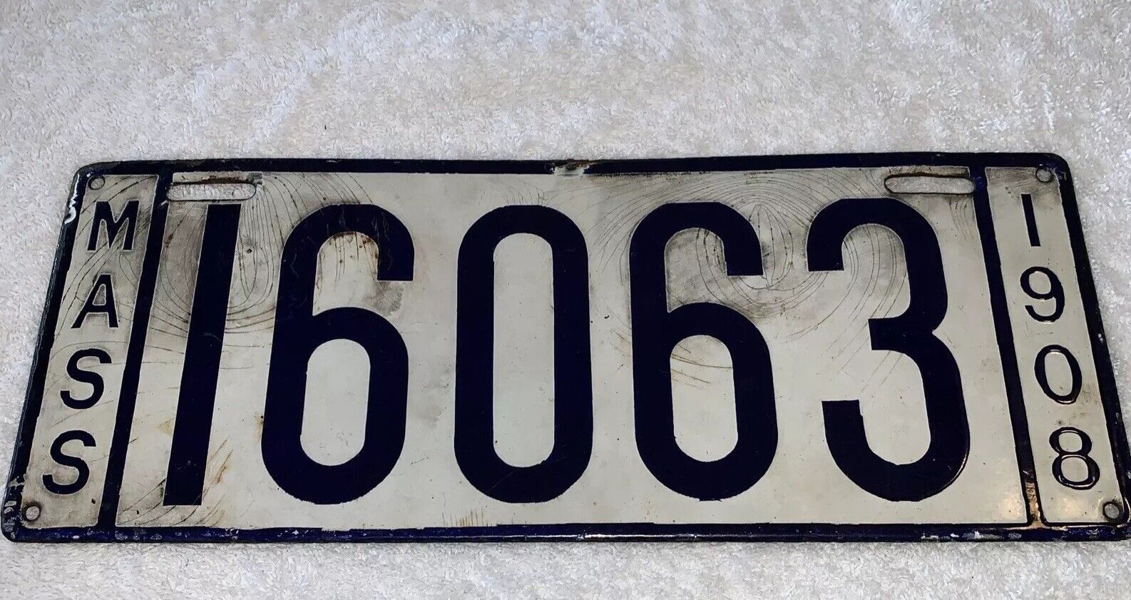 1908 Massachusetts Porcelain license plate Number 16063
