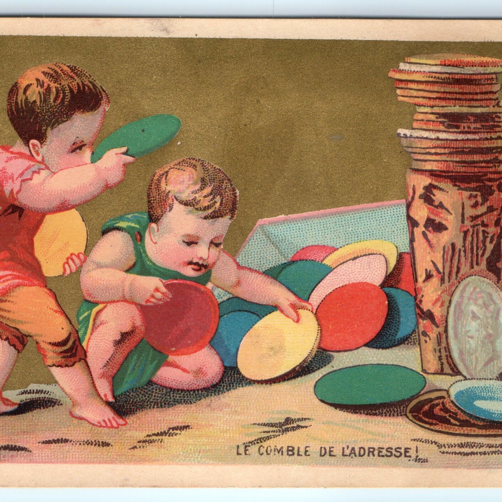 c1880s French Boy\'s Playing Victorian Stock Trade Card Gold Litho Children C24