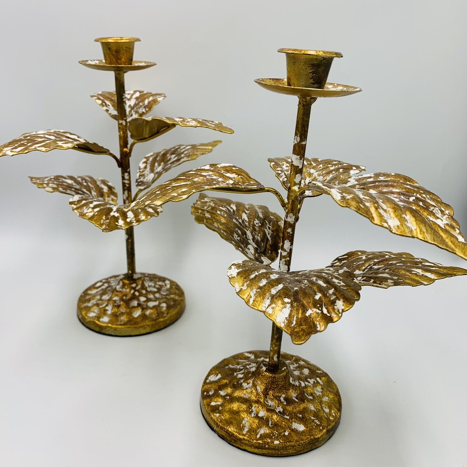 Gold White Metal Hollywood Regency Style Candlestick Taper Candle Holders leaves