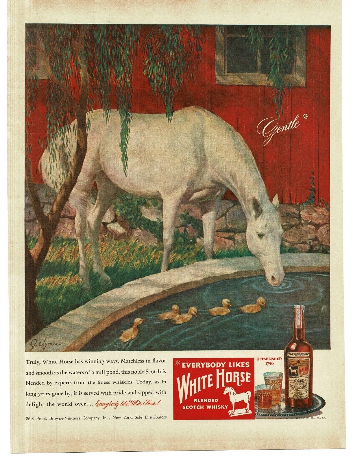 1946 White Horse Scotch Whisky drinking with ducklings art by John Clymer Ad